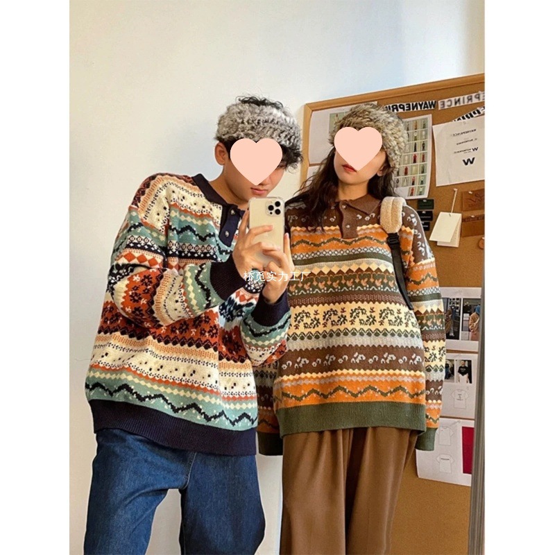 秋冬日系复古民族风纽扣翻领毛衣男女慵懒宽松外穿休闲情侣针织衫