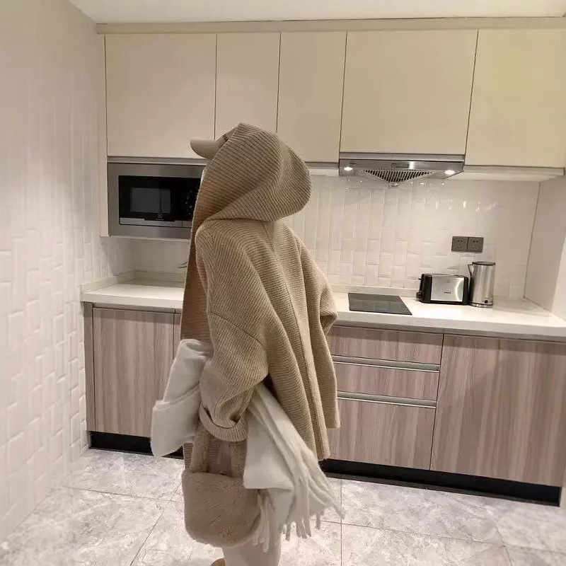高级感连帽毛衣外套上衣女秋冬复古气质宽松慵懒大衣针织开衫加厚|undefined