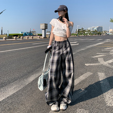 稚橘#黑白格纹慵懒感阔腿休闲裤女宽松显瘦遮肉减龄百搭拖地长裤