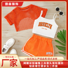 夏季新款韩版网眼衫短袖恤上衣套头宽松蕾丝短款镂空罩衫女三件套