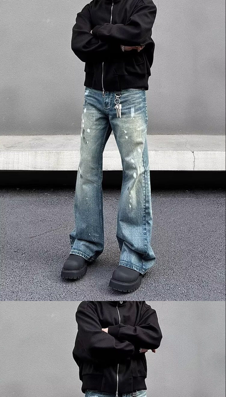 Unisex Trendy Loose Straight Leg Jeans American Retro Cleanfit Splatter Paint Casual Floor Length Wide Leg Pants_mkmklike.com
