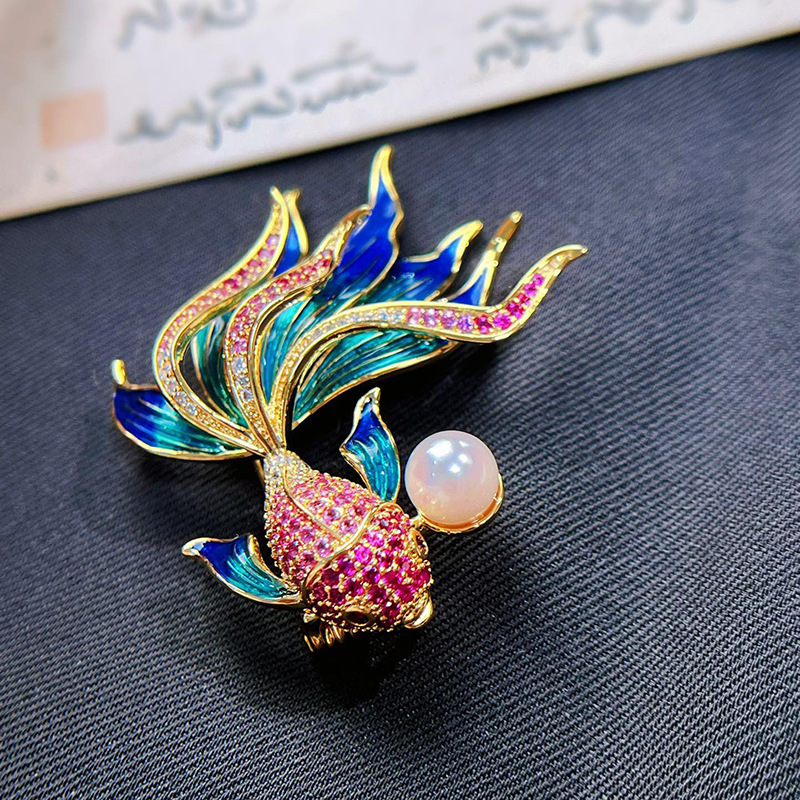 DIY accessories Chinese style koi goldfish brooch enamel copper gold-plated zircon pin pearl corsage empty holder