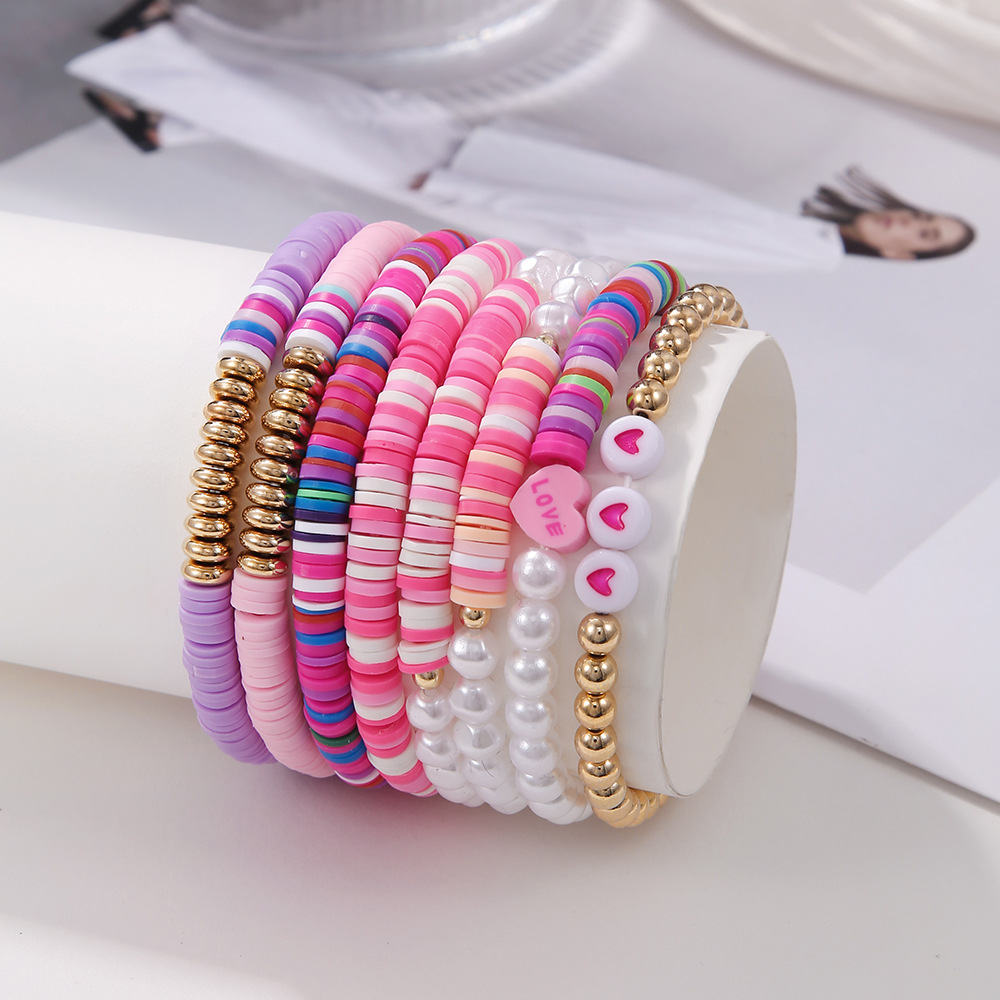 Letter, Heart Shape Pattern Sweet Letter Heart Shape Artificial Pearl Soft Clay Beaded Women's Bracelets