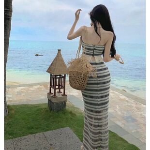 2023 fringe black and white striped knitted tube top Vest Women's Spring 2023 new skirt suit