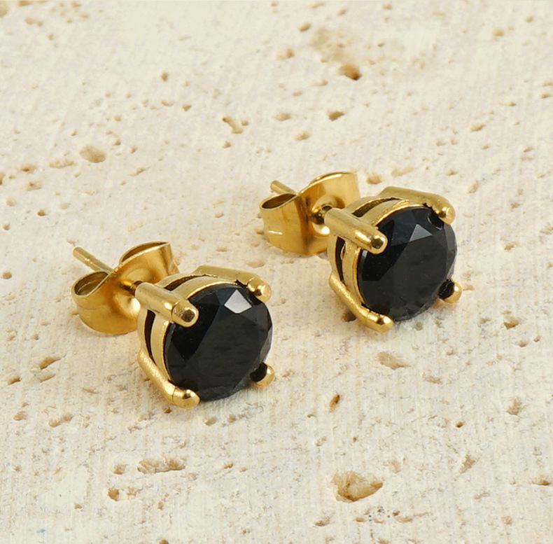 5g Weight PVD Coated Gold Plating Process Fashion Round Titanium Steel Plating Inlay Zircon Ear Studs 1 Pair