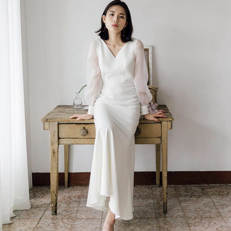 French-Style Light Wedding Dress, Simple 2025 Model, V-Neck, Long-Sleeved, Elegant Evening Dress for Banquets, Engagement, Cross-Border Wholesale Dress French-Style Light Wedding Dress, Simple 2025 Model, V-Neck, Long-Sleeved, Elegant Evening Dress for Banquets, Engagement, Cross-Border Wholesale Dress