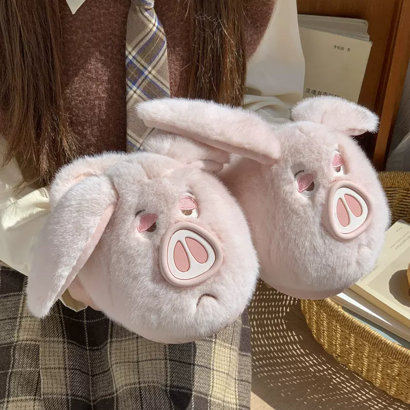 新款卡通可爱猪猪毛毛拖鞋女秋冬季居家加绒保暖防滑月子鞋棉拖鞋