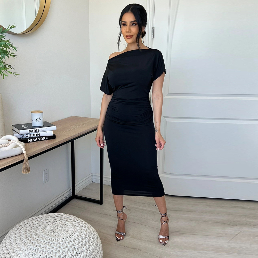 Women Clothing Popular Solid Color Pleated Slim-Fit Oblique Shoulder Dress 22 Women Clothing Popular Solid Color Pleated Slim-Fit Oblique Shoulder Dress