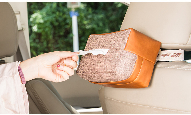 Leather deer car tissue box, sun visor tissue cover, linen creative car sunroof hanging tissue storage bag