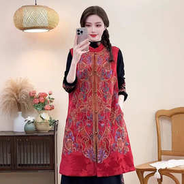 2025新款新中式提花缎面刺绣马甲女民族风复古立领盘扣中长款外套