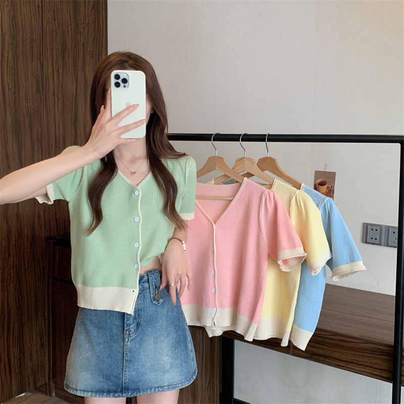 2025 Spring/Summer New Vintage V-Neck Puff Sleeve Candy Color Versatile Short-Sleeve Knit Cardigan Top for Women