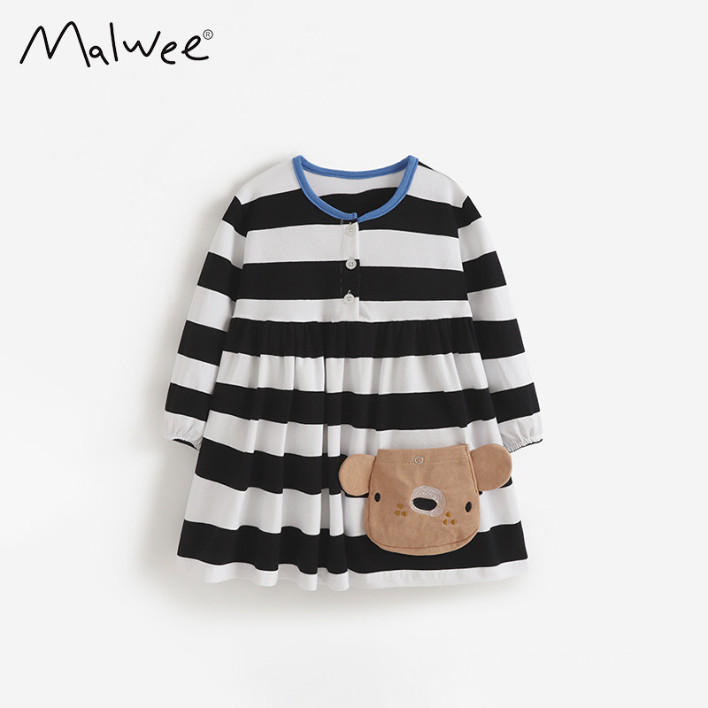 Transfronterizo malwee vestido de niña otoño y invierno nuevo estilo europeo y americano de niños pequeños y medianos cuello redondo mangas largas vestido de princesa a rayas grandes