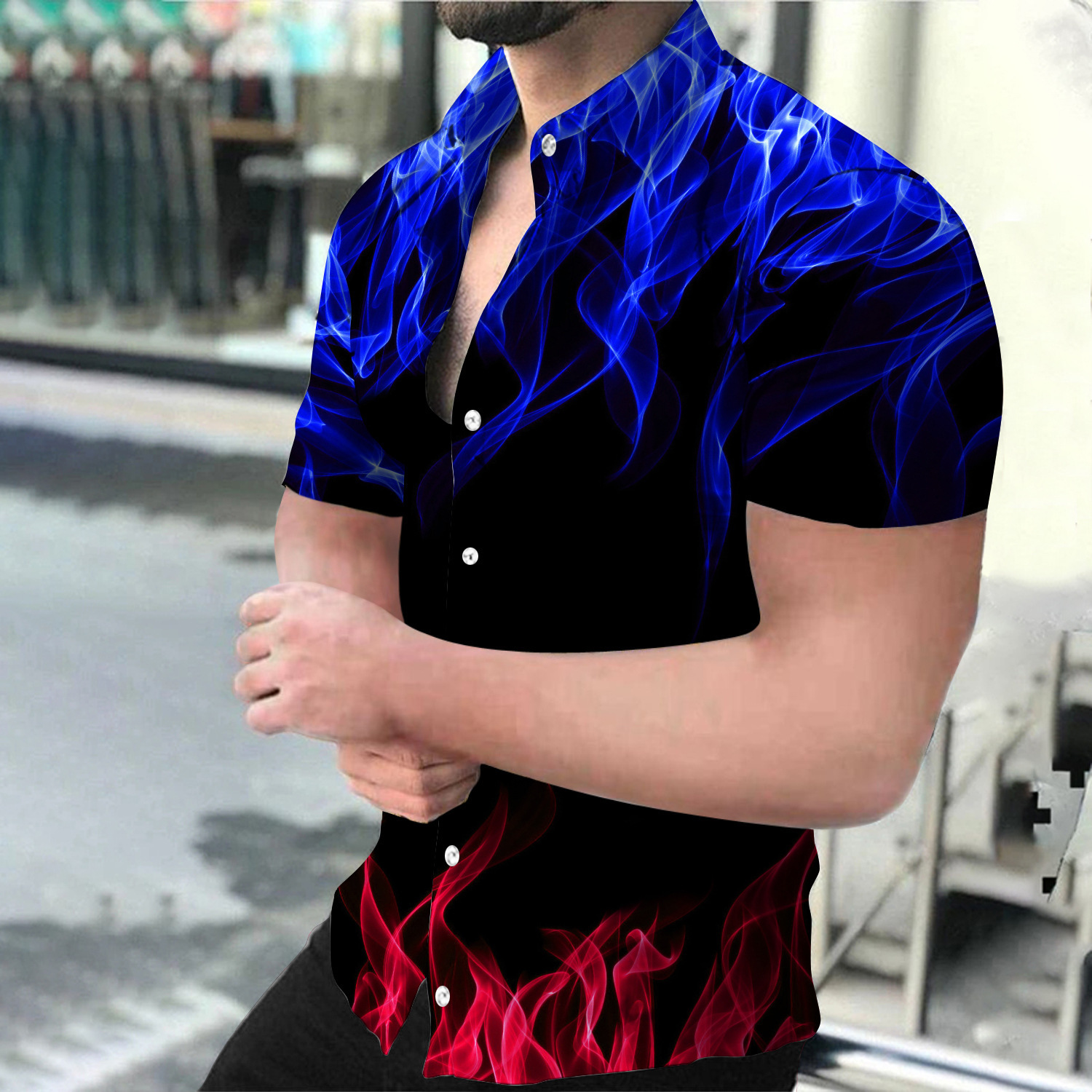Nuevas camisas de impresión de hombres grandes transfronterizas, camisas de manga corta hawaianas, llamas de verano, camisas casuales impresas en 3D