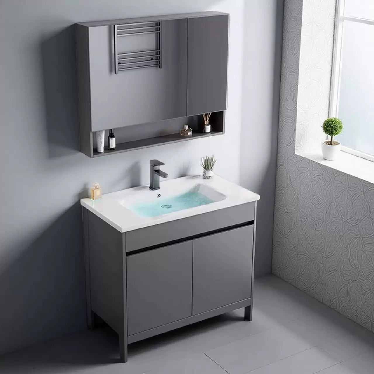 陶瓷一体洗漱台家用民宿太空铝落地式浴室柜组合卫生间洗脸洗手盆