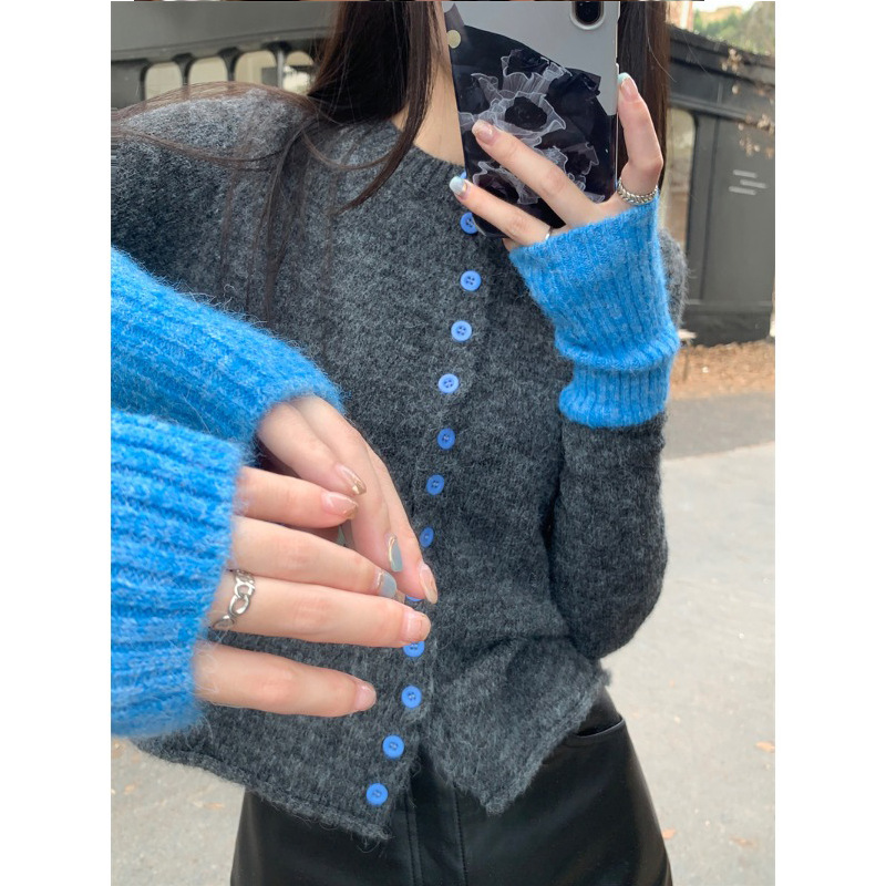 软糯慵懒风针织毛衣开衫女春秋2025新款外套撞色修身秋季长袖上衣