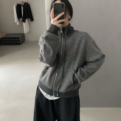 韩系立领条纹拉链卫衣外套女2025秋季新款设计感口袋抽绳开衫上衣