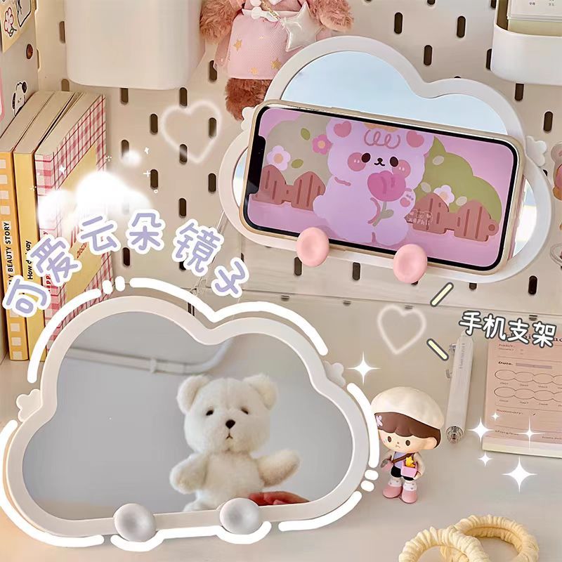 Espejo con forma de nube de dibujos animados, espejo bonito para dormitorio, soporte para teléfono móvil, espejo montado en la pared, espejo creativo para estudiantes, espejo portátil montado en la pared