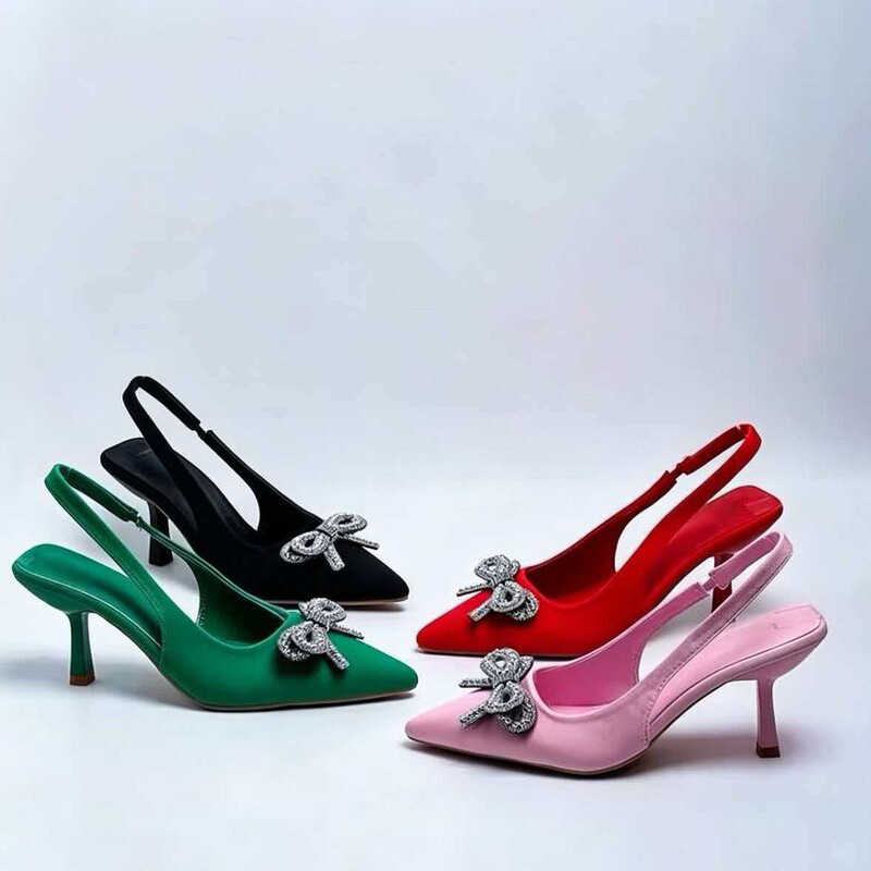 Cross-Border Plus-Size High-Heeled Shoes 2026 Spring/Summer New European and American Style Pointed Toe Back Strap Bowknot Rhinestone Stiletto Sandals