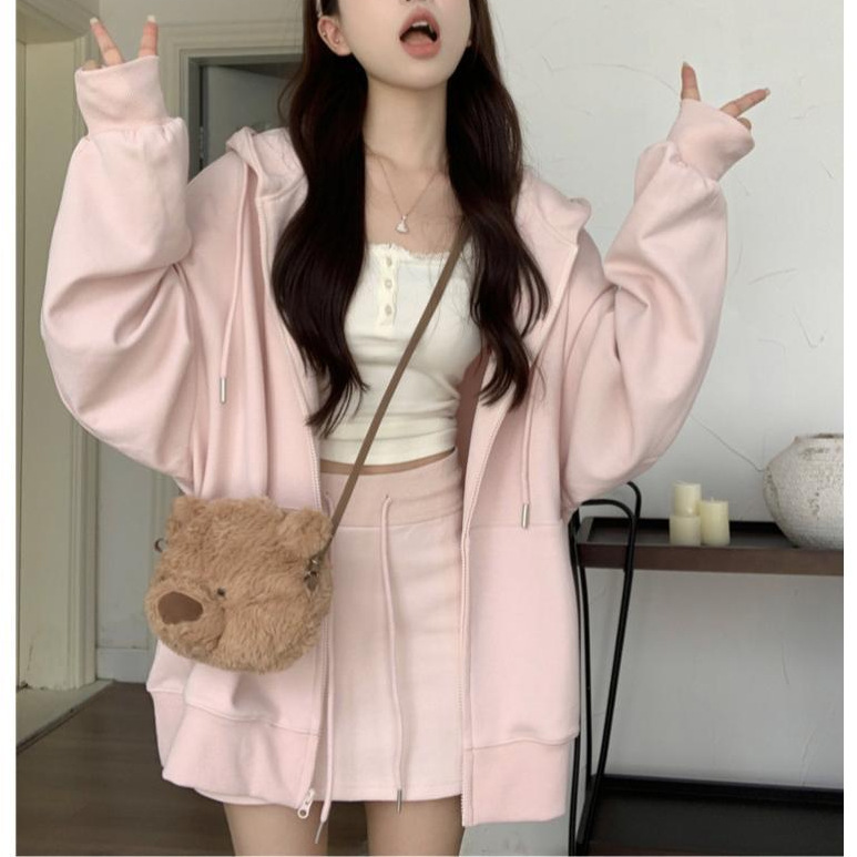 慵懒风连帽宽松长袖卫衣外套高腰半身短裙女2025秋季新款时尚套装|undefined