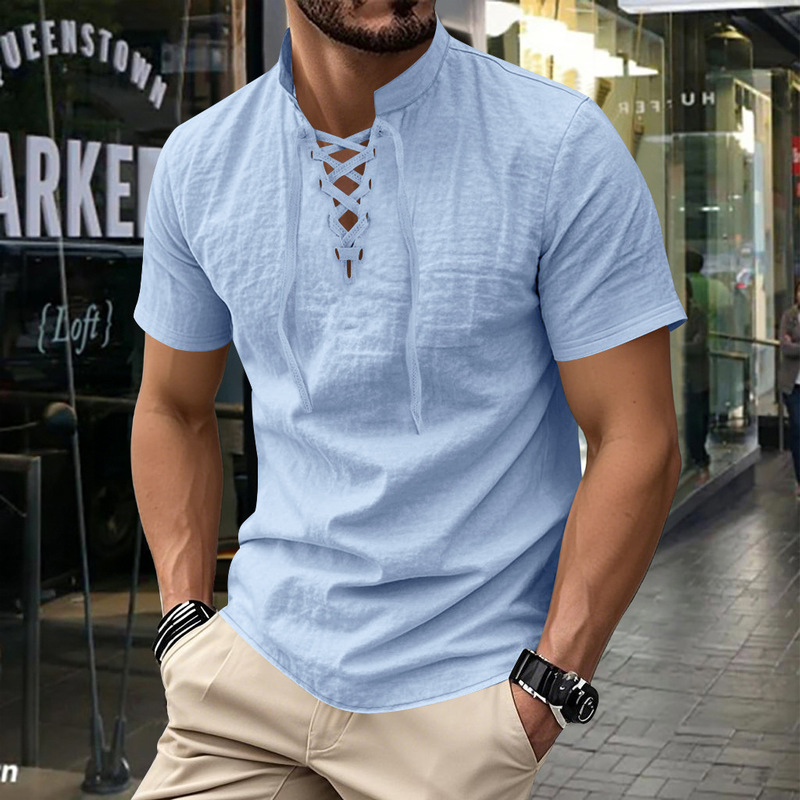 26 European and American Casual Henry Shirts Amazon Best-Selling Beach Short-Sleeved Men's T-Shirts Solid Color Simple Stand-Up Collar Men's Shirts