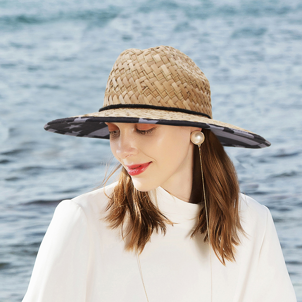 Klassischer Damen-Strohhut, Sommer-Strandhut mit breiter Krempe und Applikationsdruck, Sonnenschutz, ideal für Strand und Freizeit_voghion.com