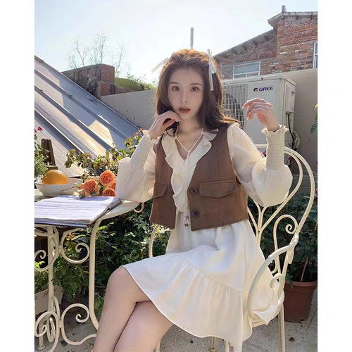 Vintage Hong Kong Style Casual Set Women's Layered Vest Top and Loose Long Sleeve Dress Two-Piece Set for Autumn
