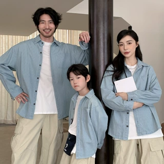 韩系条纹牛仔亲子衬衫一家三口春秋宽松长袖衬衣家庭装休闲外套潮