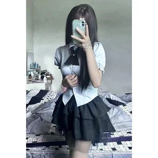 2024 summer new super fairy puffy skirt short skirt women's small JK uniform short sleeve waist puff sleeve shirt