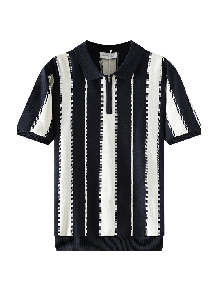 Verano Europa y América rayas verticales hielo tejedido polo camisa de hombre manga corta semia cremallera solapa contraste de color hombre de negocios