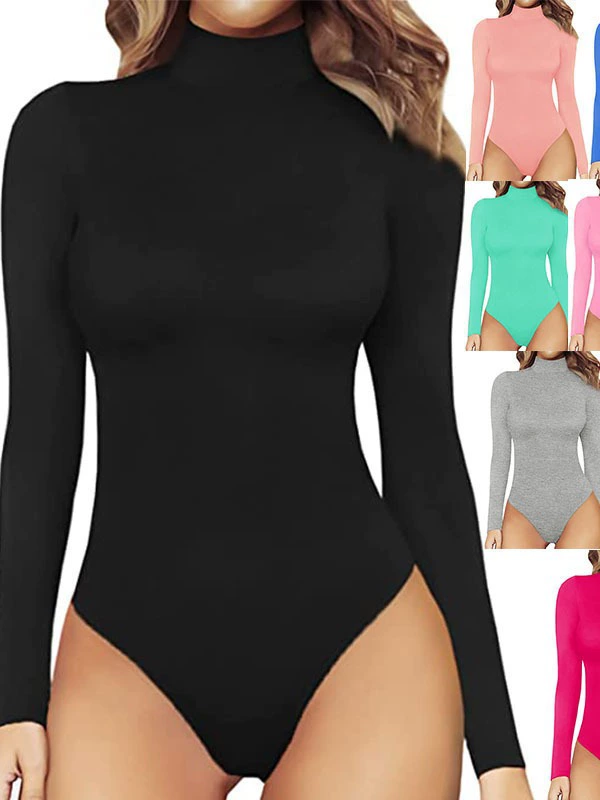 Женский комбинезон T-образный slim-fit, длинный рукав, воротник-стойка, высокий вырез бёдер (S–XL, чёрный)