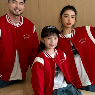 2025新款儿童棒球服亲子装外套韩版休闲秋冬加厚红色棉衣过年服潮