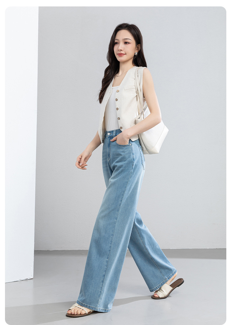 Quần jean nữ cao eo ống rộng dáng suông, chất liệu cotton pha tơ tằm thoáng mát, dài 103 cm — Thông thường - chiều dài quần khoảng 103cm chi tiết 22