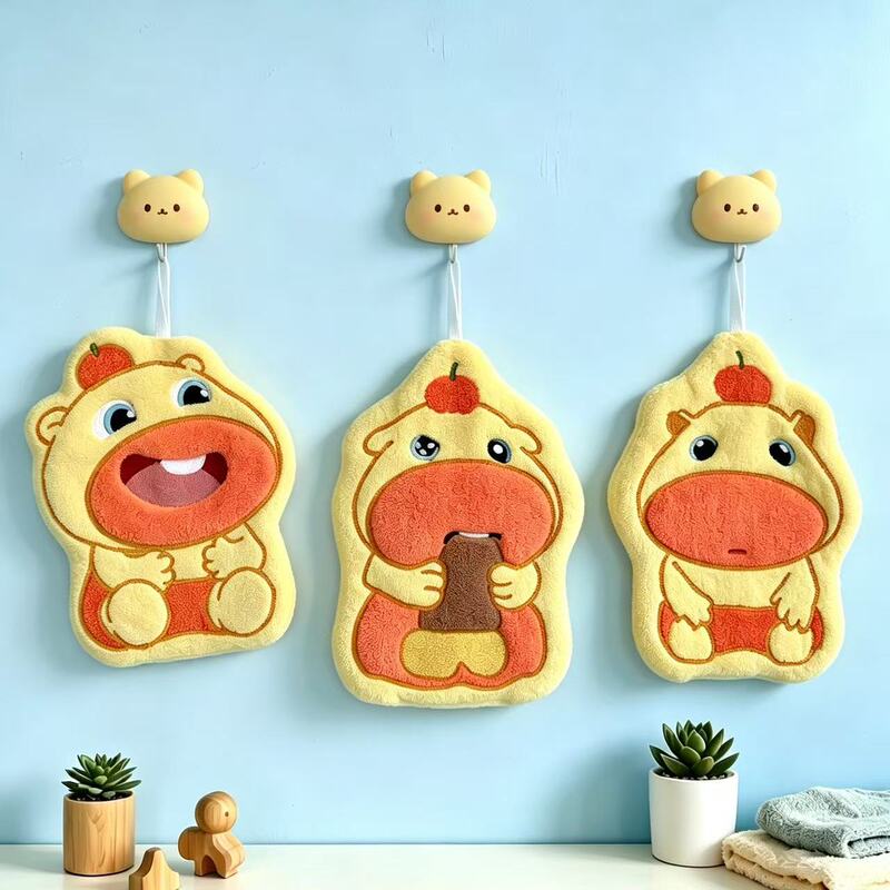 New Cartoon Hand Towel, Cute Light-Colored Capybara Coral Fleece, Absorbent, Wall-Mounted for Kitchen and Bathroom, Home Decoration