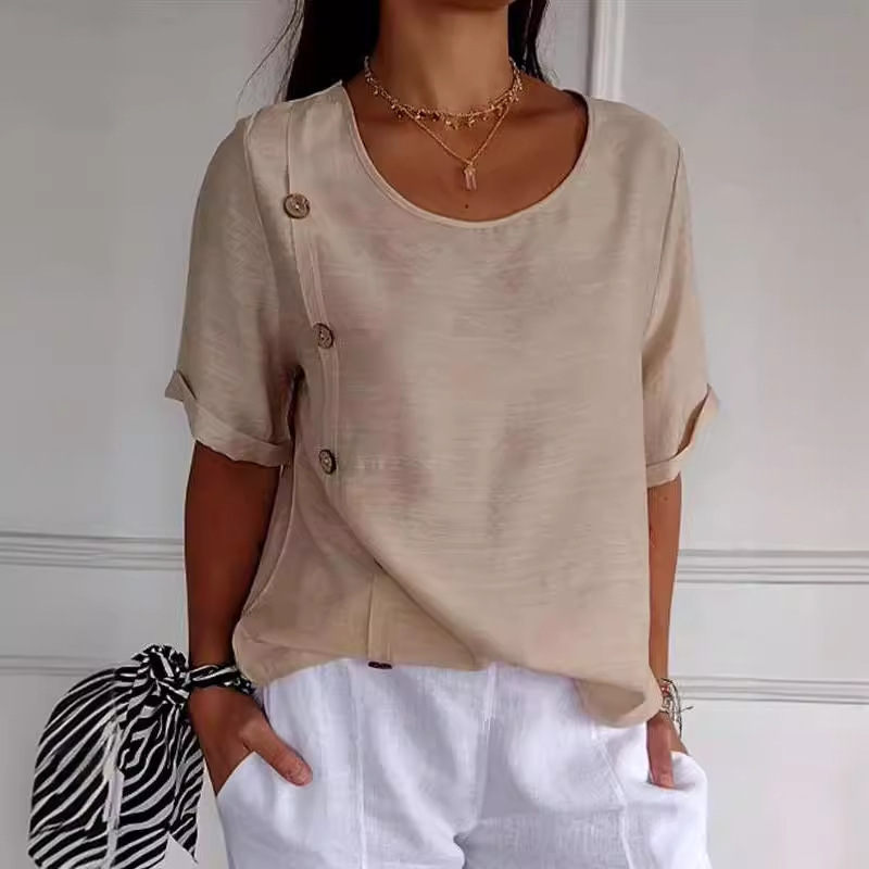 Summer Women's T-Shirt Tops Casual Loose Round Neck Pullover Button-Down Shirt Fashionable Versatile European and American Cross-Border Women's Clothing