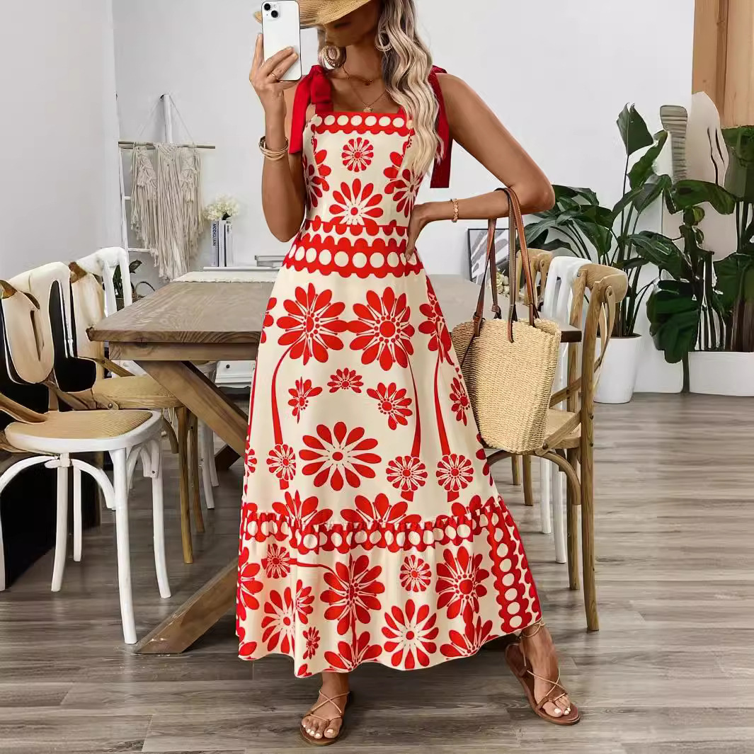 European American Foreign Trade Clothing Women's Bohemian Style With Floral Shoulder Straps And Tie-Up Long Dress_ecoleips.com
