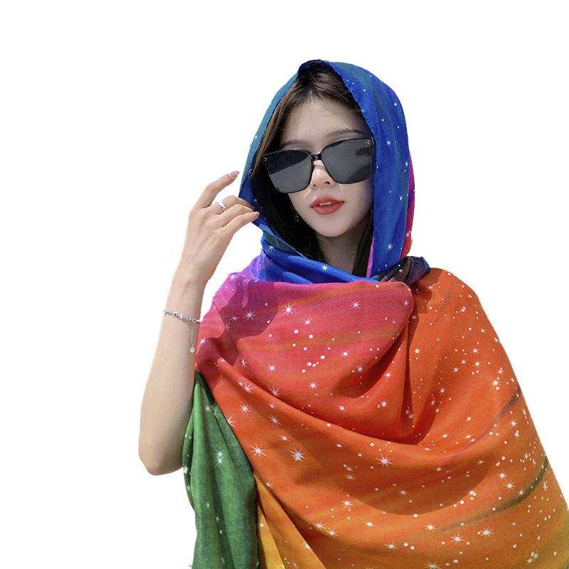 Estilo japonés y coreano gradiente fresco Toalla de playa algodón y lino sensación bufanda de seda viajes al aire libre chal decorativo borla larga bufanda grande