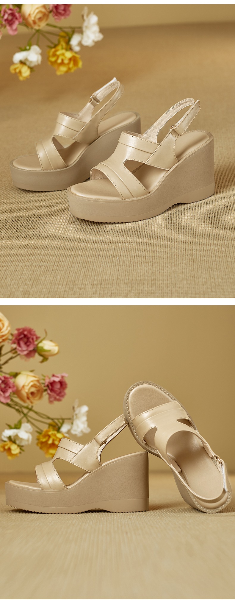 Sandal nữ hở mũi đế xuồng da bò cao gót quai ngang phong cách La Mã — đen chi tiết 10