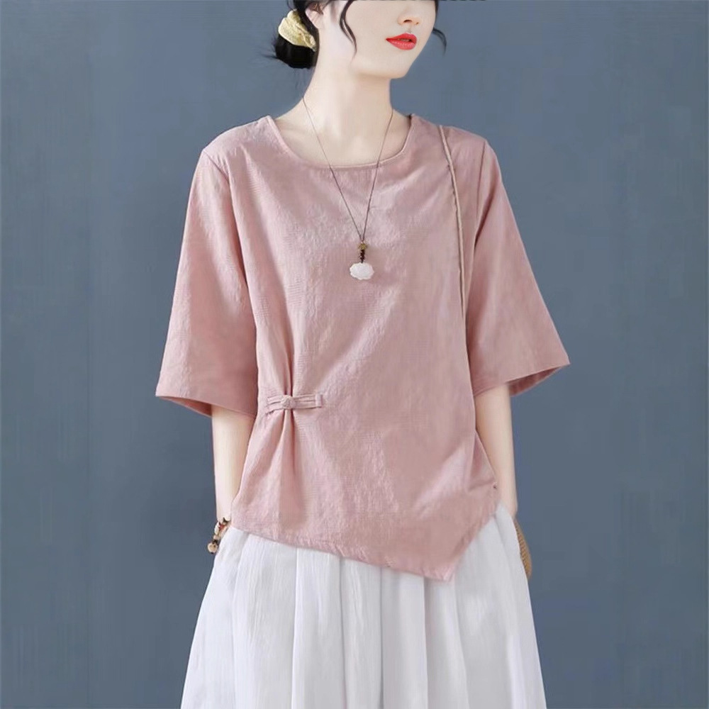 2024东大门圆领女孩这样穿衬衫夏季新款盘扣短袖棉麻设计感小众