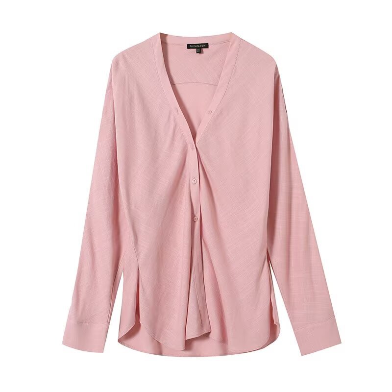 Myst&Za Summer New Cross-Border Women's Clothing Casual and Mature V-Neck Urban Workwear Style Age-Reducing Pink Long-Sleeved Shirt