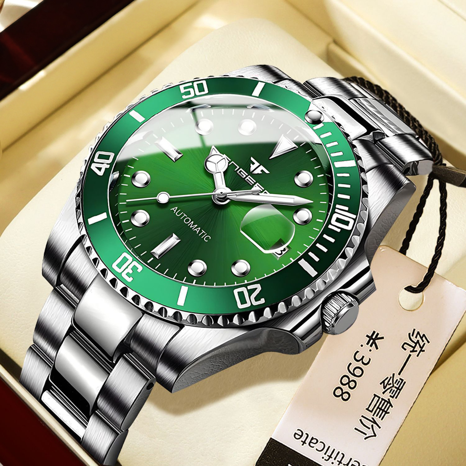 Fenzun Blue Luminous Black Water Ghost Men's Fully Automatic Mechanical Watch Green Water Ghost Stainless Steel Strap Watch Waterproof