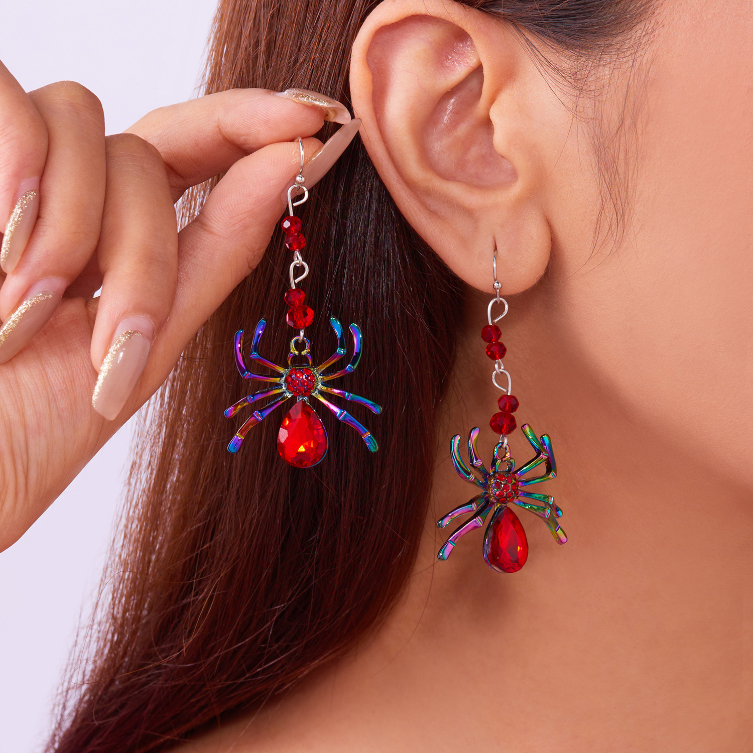 Subtle exaggerated Halloween diamond studded spide, punk style, versatile, colorful and quirky tassel earrings_voghion.com