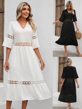 Solid Color V-neck Hollow Lace Patchwork Mid-Sleeve Loose Dr