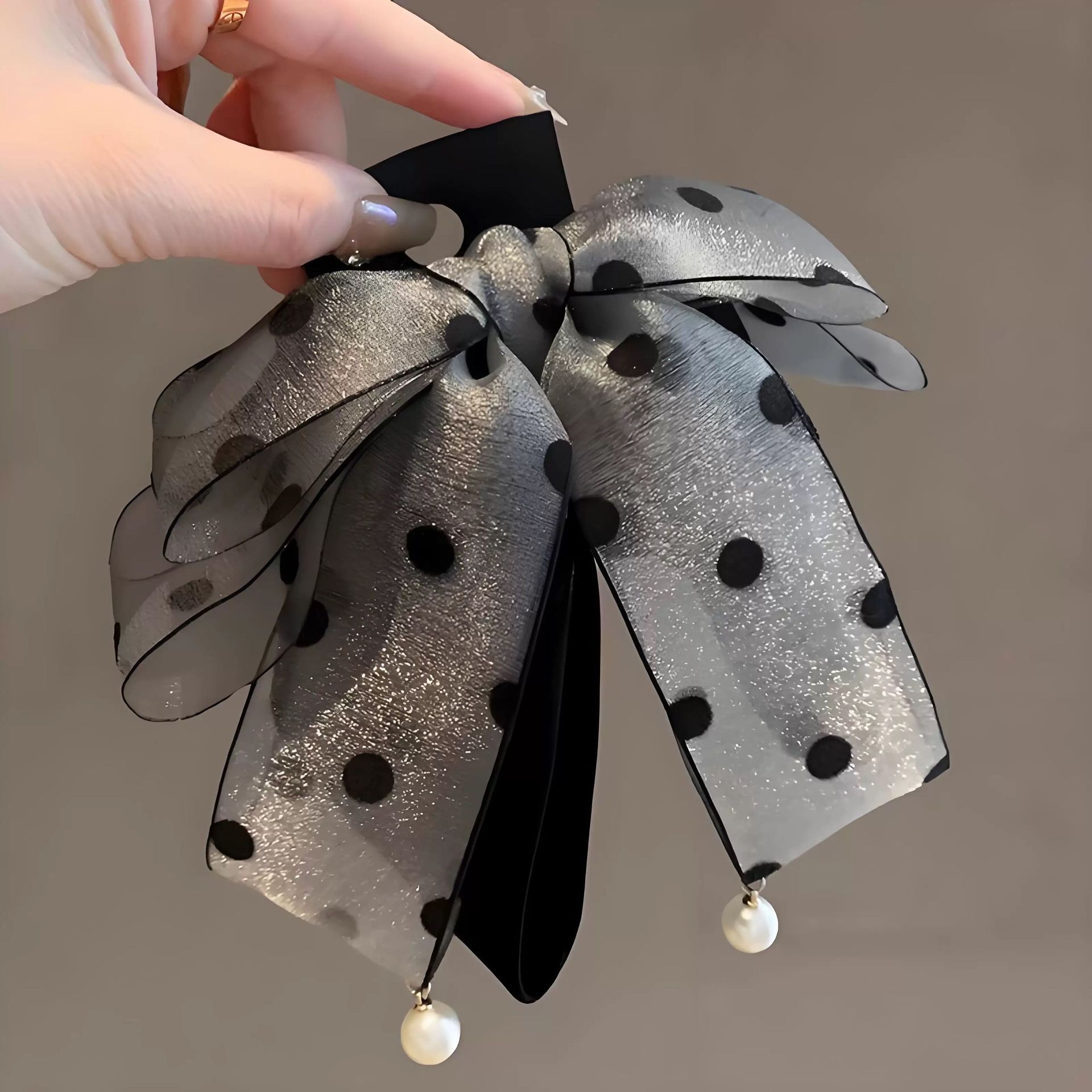 Korean Style Satin Snow Gauze Polka Dot Bow Clip Retro Pearl Pendant Elegant Shark Clip Hairpin for Women on the Back of the Head