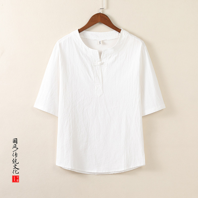 Chinese-style buttoned linen V-neck short-sleeve T-shirt, trendy retro new Chinese-style three-quarter sleeve solid color cotton-linen top for men Chinese-style buttoned linen V-neck short-sleeve T-shirt, trendy retro new Chinese-style three-quarter sleeve solid color cotton-linen top for men