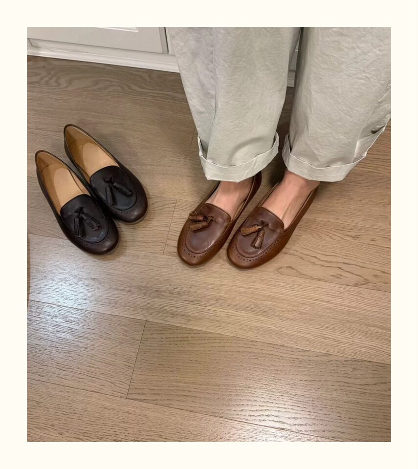 Giày lười nữ da bò mũi tròn tua rua cổ thấp đế bệt — Màu nâu, Màu nâu cà phê, màu đen chi tiết 17