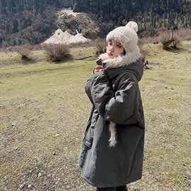 冬季保暖毛领连帽中长款棉服2025新款加绒座山雕棉衣情侣加厚外套