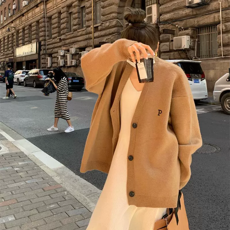 慵懒风毛衣外套女批发2025秋冬新品外穿字母刺绣宽松针织开衫上衣