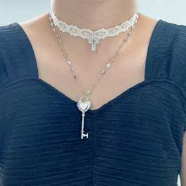 甜酷白色蕾丝十字架绑带choker叠戴爱心钥匙项链女小众设计感颈链