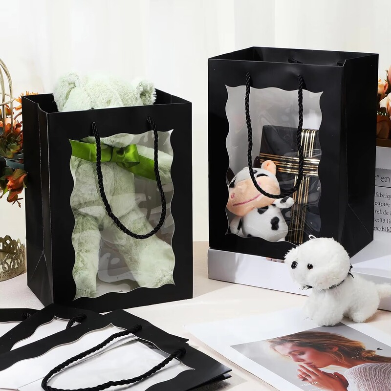 Black Paper Gift Bags Clear Window Festival Party Supplies Bridal Shower Craft for Bouquet Packaging Present Black Paper Gift Bags Clear Window Festival Party Supplies Bridal Shower Craft for Bouquet Packaging Present
