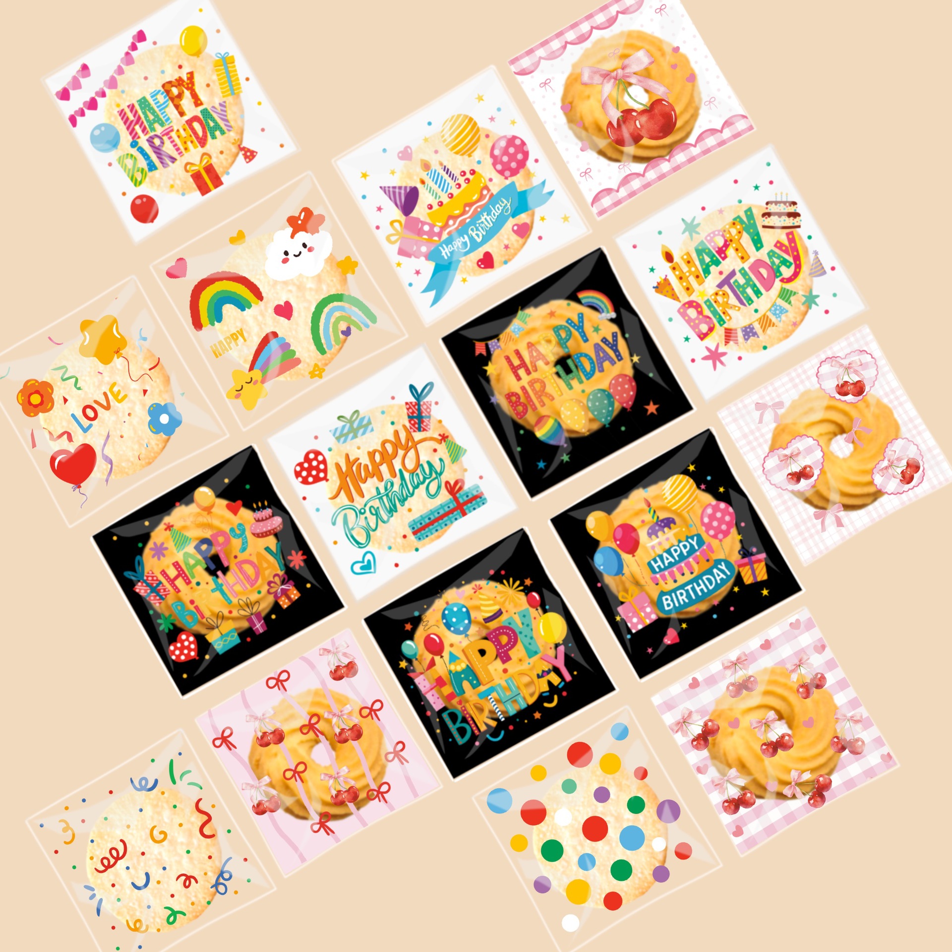 2026 nuevo color feliz cumpleaños bolsa autoadhesiva bocadillos galletas copos de nieve bolsa Opp